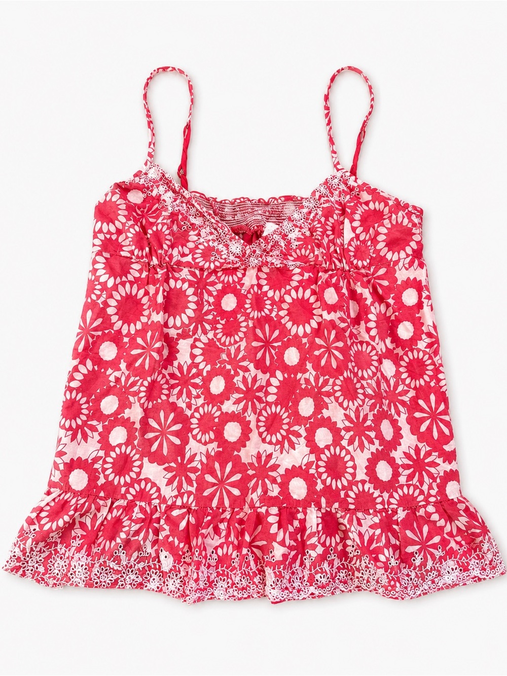 Y2K Aerie Women’s Medium Red White Floral Lace Trim Smocked Babydoll Cami Top